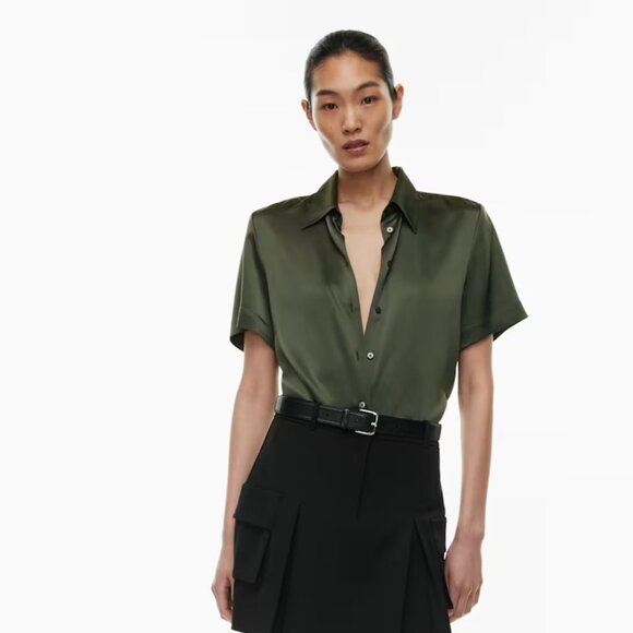 Babaton Tops - Babaton Prevail Satin Shirt Short Sleeve Blouse Dark Olive XL
